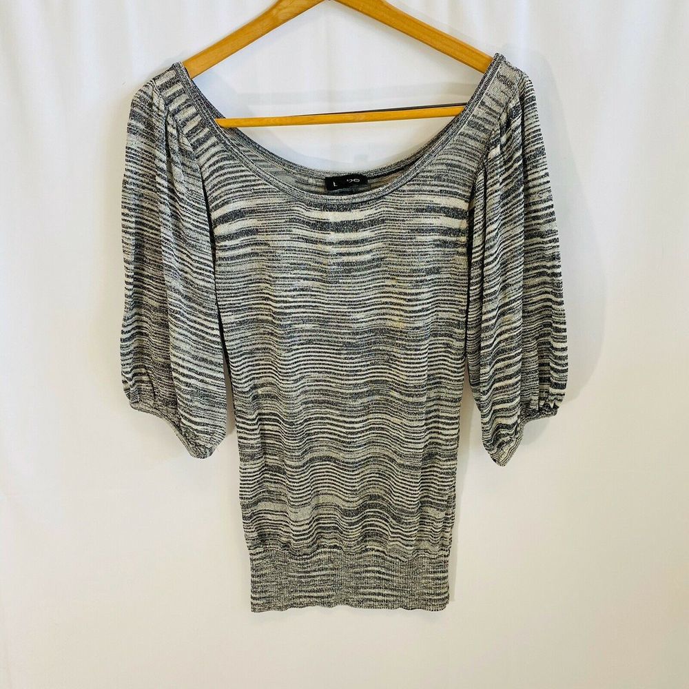 BEBE Semi Sheer 3/4 Sleeve Knit Top Silver